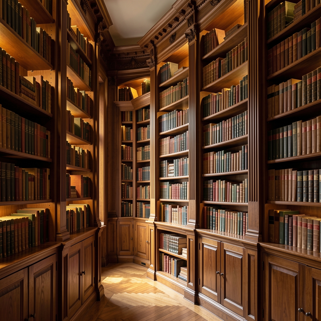 Lange Reihe hoher Bücherregale in einer klassischen Bibliothek mit warmem, gedämpftem Licht, das die Buchrücken beleuchtet, ruhige und wissensreiche Atmosphäre