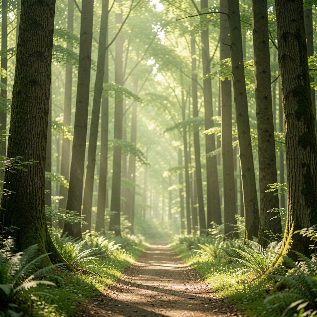Leerer Wanderweg durch lichten Wald mit weichem grünen Licht, einladend und ruhig, ohne Personen, symbolisiert körperliche Bewegung im Alltag