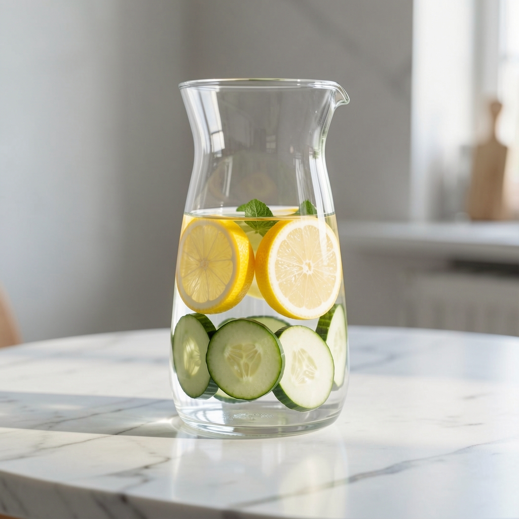 Glaskaraffe mit klarem Wasser und frischen Zitronen- und Gurkenscheiben auf einem Marmortisch, saubere und frische Ästhetik