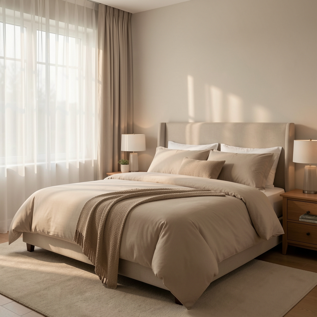 Ruhiges Schlafzimmer mit weichem Morgenlicht, das durch leichte Vorhänge fällt, gepflegtes Bett, ruhige und entspannte Atmosphäre