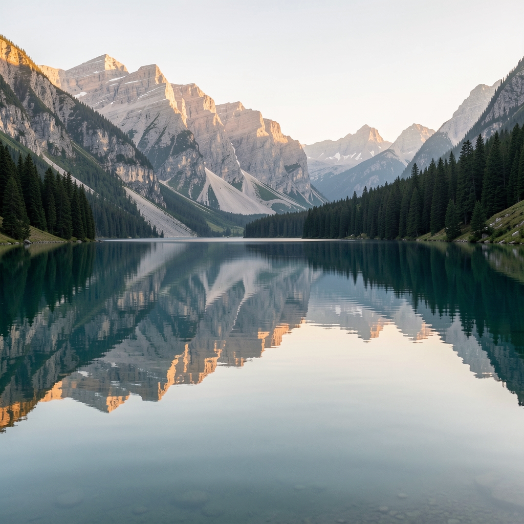 Ruhige Naturlandschaft mit einem stillen Bergsee, spiegelnde Wasseroberfläche bei frühem Morgenlicht, vermittelt Ausgeglichenheit und innere Ruhe
