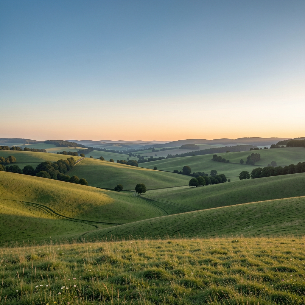 Weite ruhige Landschaft bei Sonnenaufgang mit sanften grünen Hügeln und einem klaren Himmel in gedämpften Blau- und Grüntönen