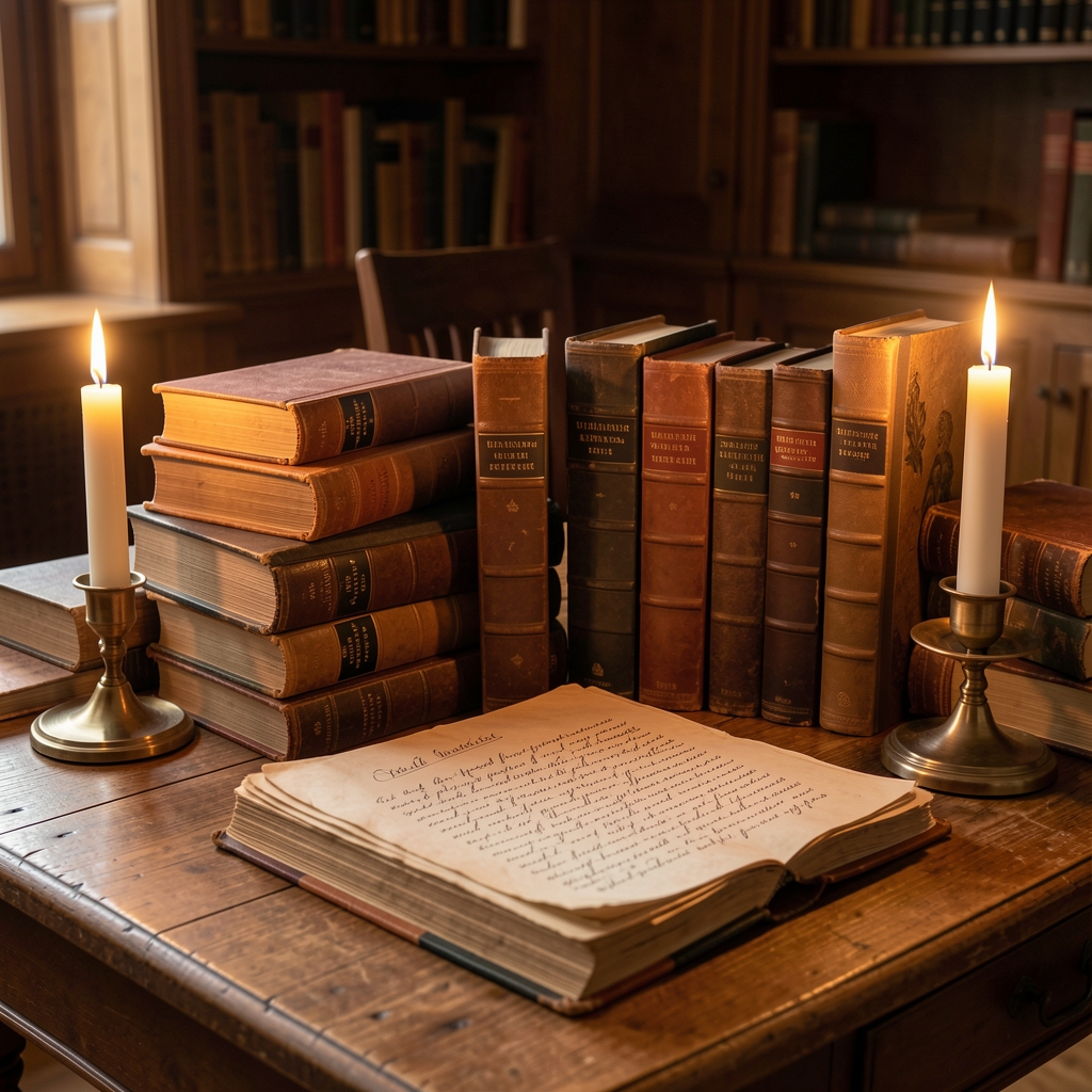 Stapel alter wissenschaftlicher Bücher und handgeschriebener Manuskripte auf einem Holztisch, beleuchtet von warmem Kerzenlicht, symbolisiert historische Wissensquellen