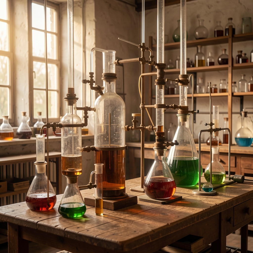 Alte Glaskolben und Destilliergeräte in einem historischen Laborumfeld, warm beleuchtet, repräsentiert frühe naturwissenschaftliche Forschung