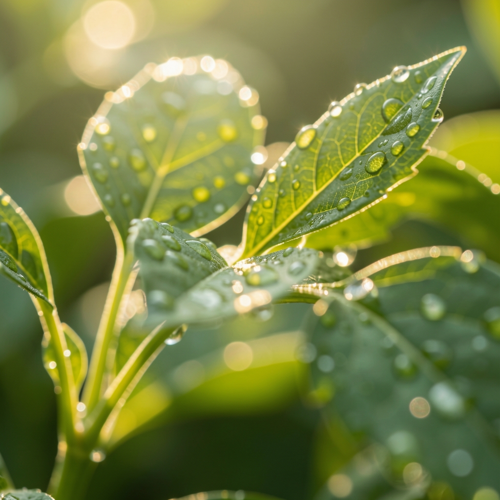 Makroaufnahme von frischen grünen Blättern mit Wassertropfen, die im Gegenlicht leuchten, symbolisiert Klarheit und Transparenz in der Wissensvermittlung