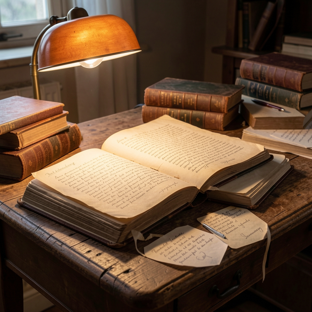 Aufgeschlagene historische Bücher und handgeschriebene Notizen auf einem alten Holzschreibtisch, beleuchtet von warmem Seitenlicht einer Tischlampe