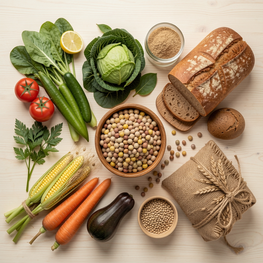 Frische, unverarbeitete Lebensmittel wie Gemüse, Hülsenfrüchte und Vollkornprodukte auf einem hellen Holztisch aus der Vogelperspektive, natürlich angeordnet